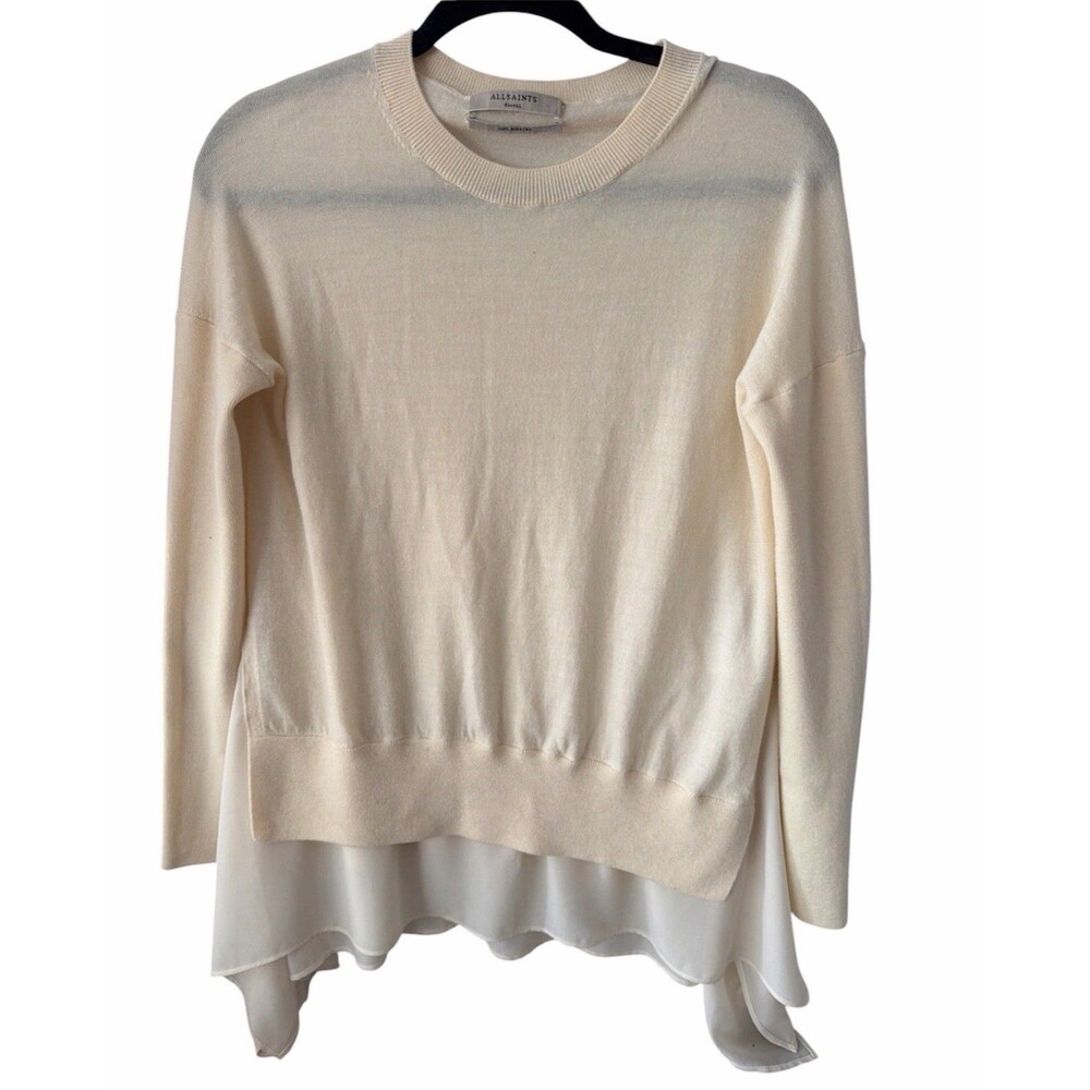 AllSaints Libby Merino Wool Layered Contrast Hem Sweater Cream White Small S